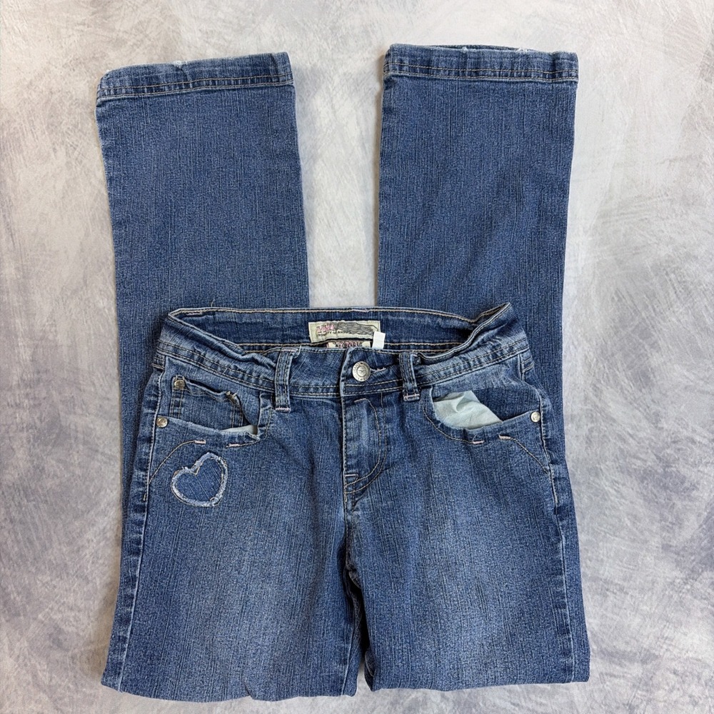 Y2K YMI Jeans Girls Size 12 Blue Heart Embroidered Rhinestone Straight Leg Denim